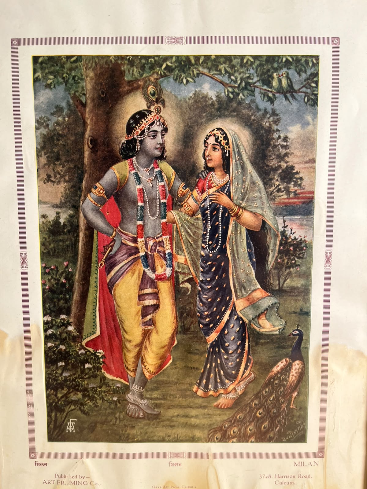 Rare Vintage “Milan” Radha Krishna Colour Print – Art Framing Co., Gaya Art Press, Calcutta | 10 × 14 Inches