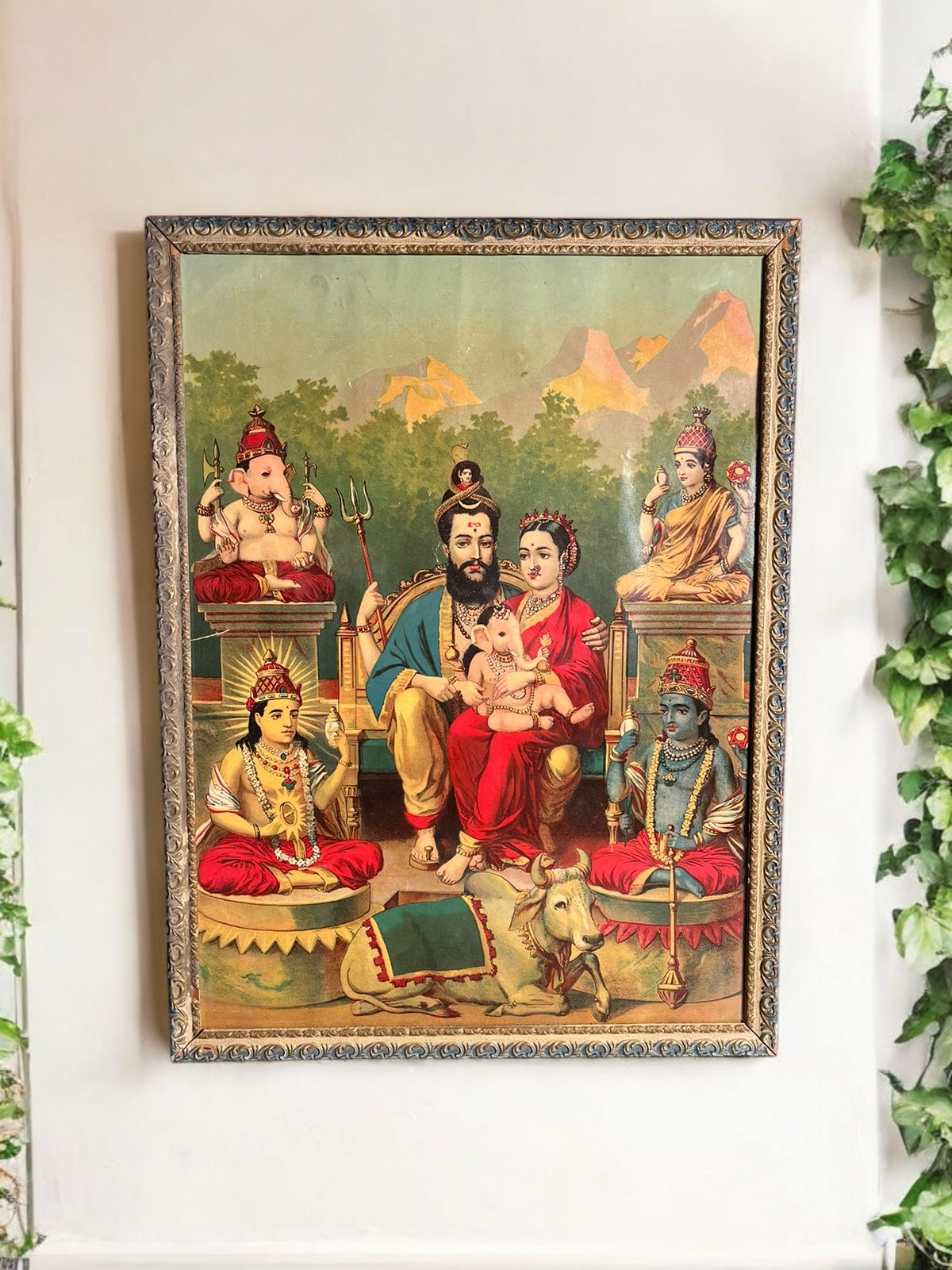 Antique Ravi Varma Shiv Parivar Oleograph