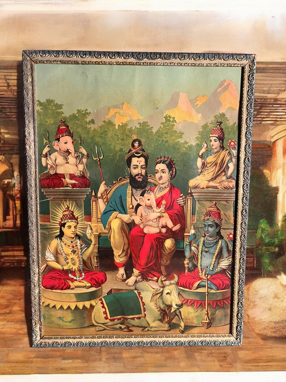 Antique Ravi Varma Shiv Parivar Oleograph