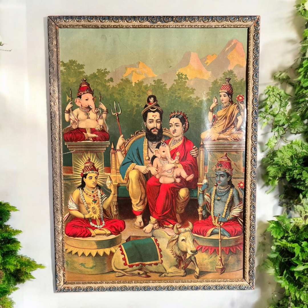 Antique Ravi Varma Shiv Parivar Oleograph