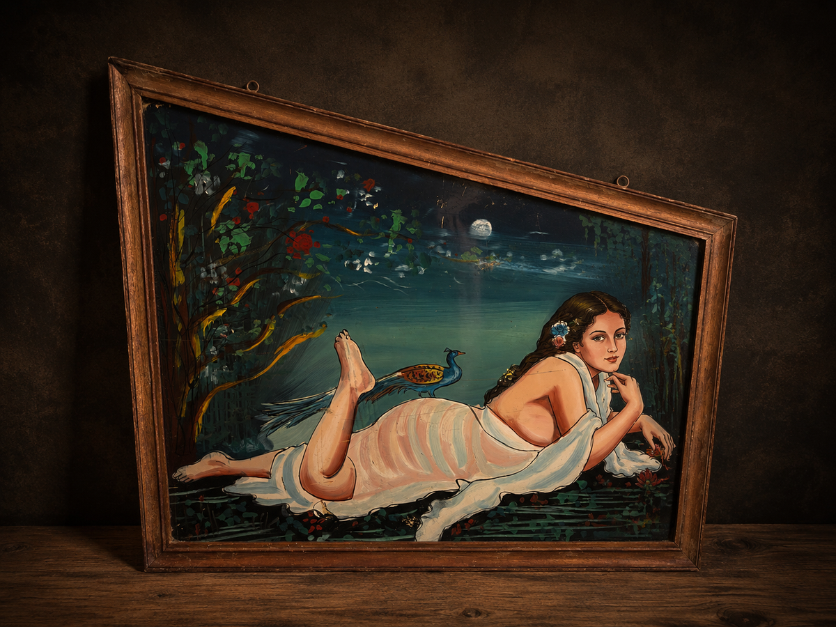 Vintage Reverse Glass Painting of Lady with Peacock