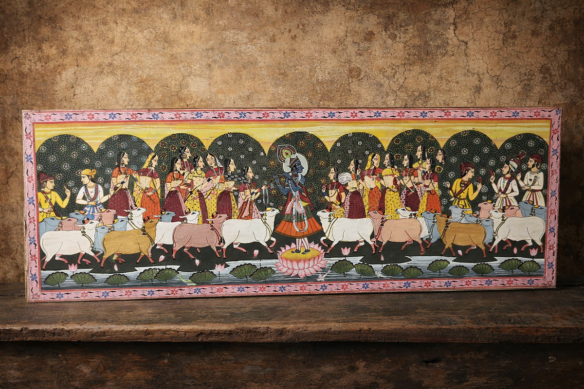 🎨 Vintage Krishna Raas Leela Painting | Hand-Painted Indian Folk Art