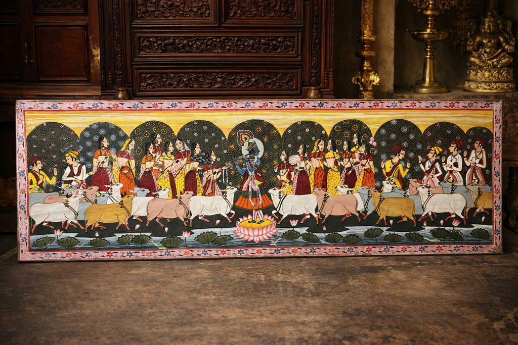 🎨 Vintage Krishna Raas Leela Painting | Hand-Painted Indian Folk Art