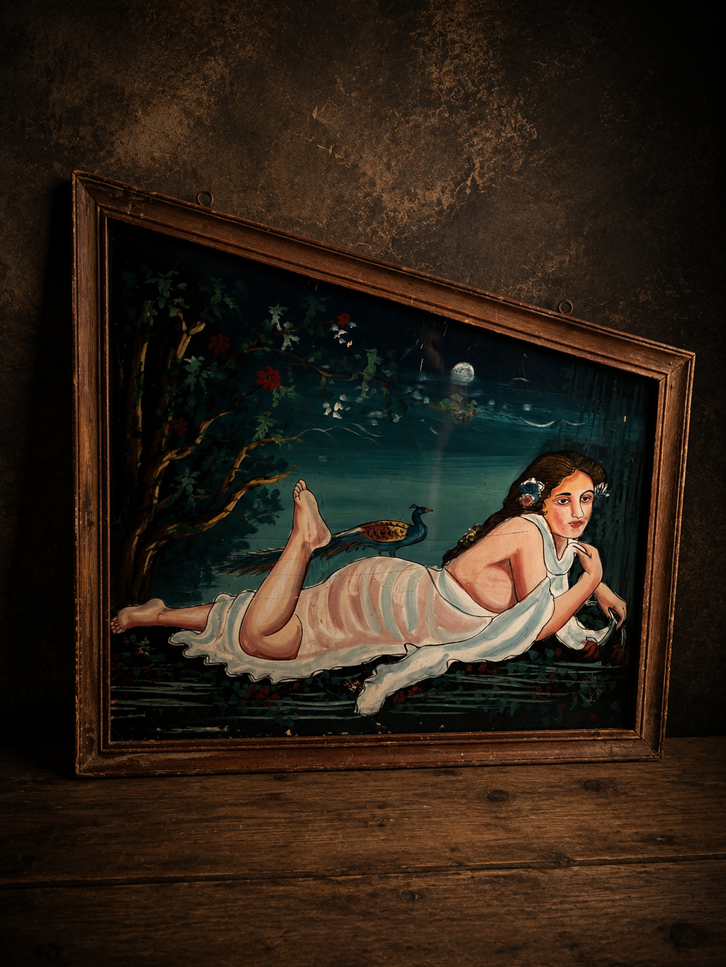 Vintage Reverse Glass Painting of Lady with Peacock