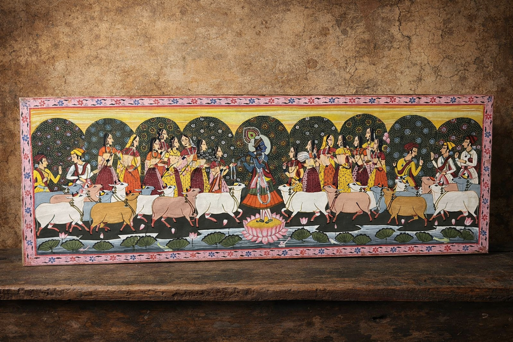 🎨 Vintage Krishna Raas Leela Painting | Hand-Painted Indian Folk Art
