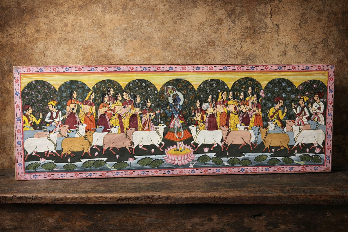🎨 Vintage Krishna Raas Leela Painting | Hand-Painted Indian Folk Art