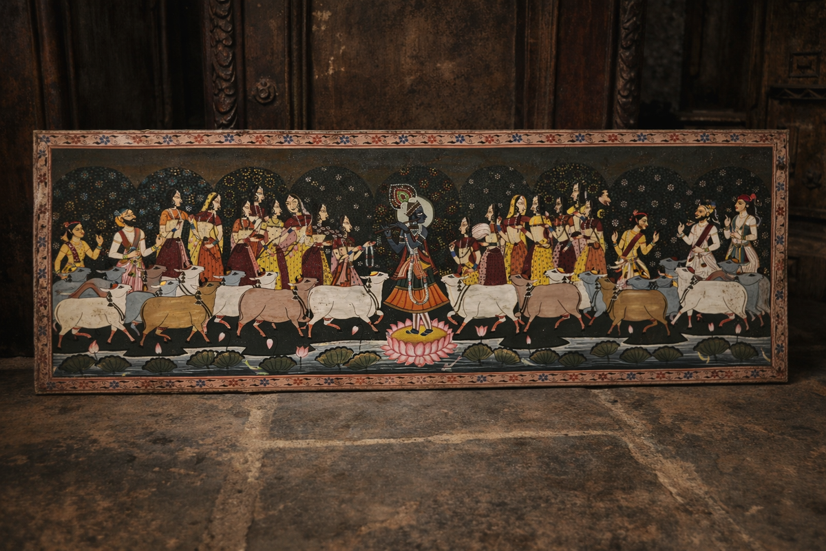🎨 Vintage Krishna Raas Leela Painting | Hand-Painted Indian Folk Art