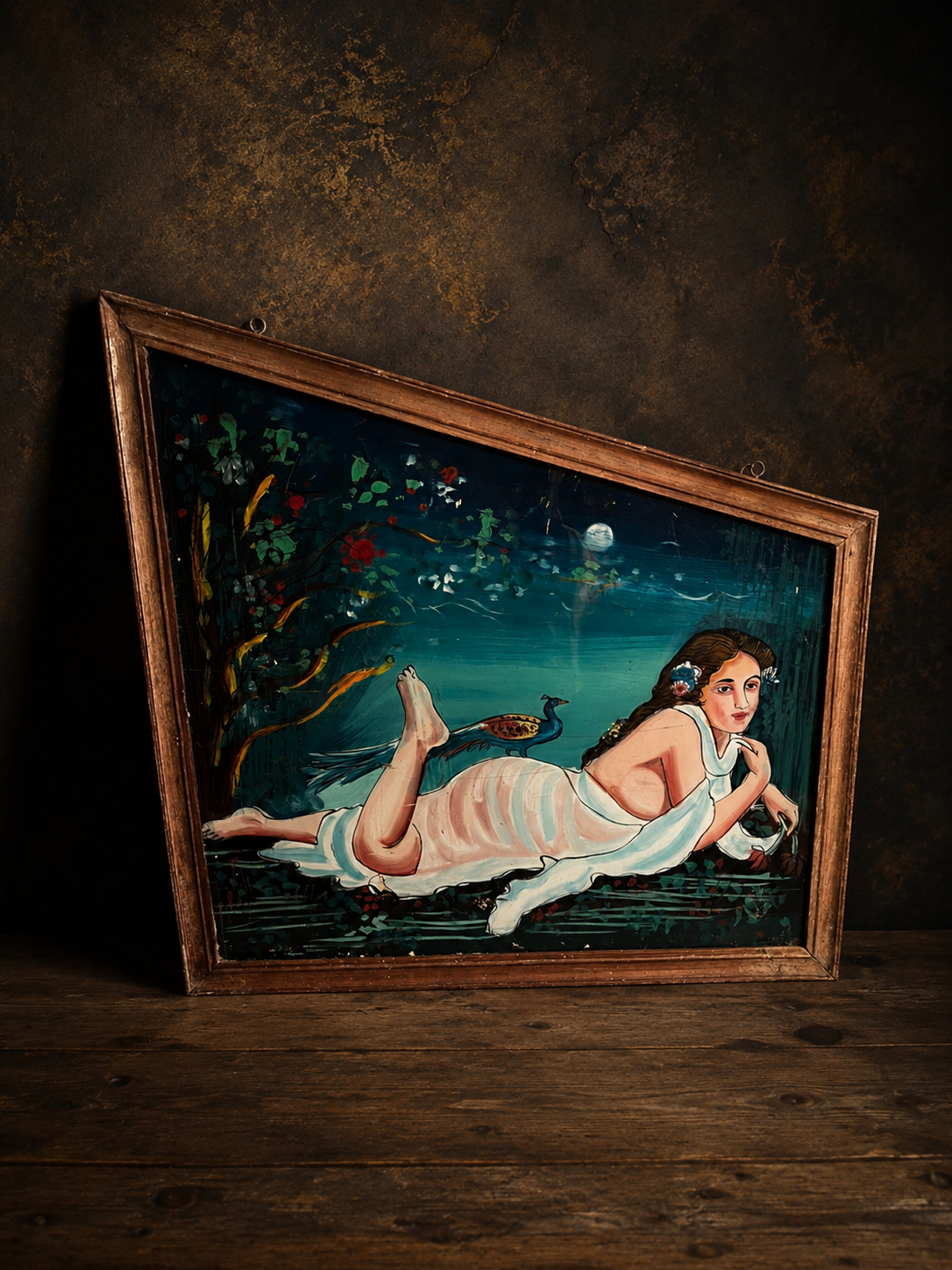 Vintage Reverse Glass Painting of Lady with Peacock