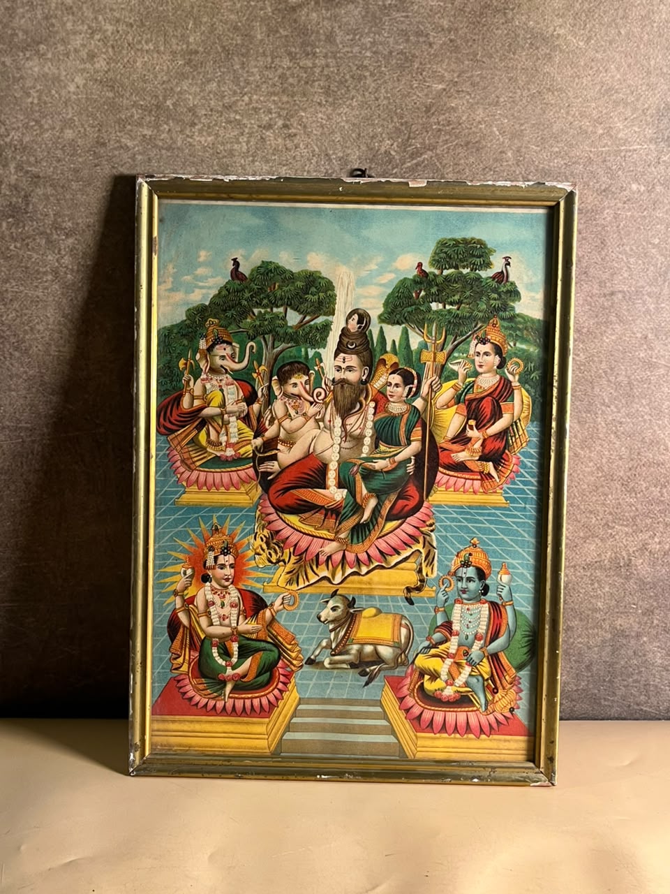 Antique Shiva Parivar Devotional Chromolithograph Print with Ganesha, Parvati, Vishnu, Surya & Nandi