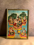 Antique Shiva Parivar Devotional Chromolithograph Print with Ganesha, Parvati, Vishnu, Surya & Nandi