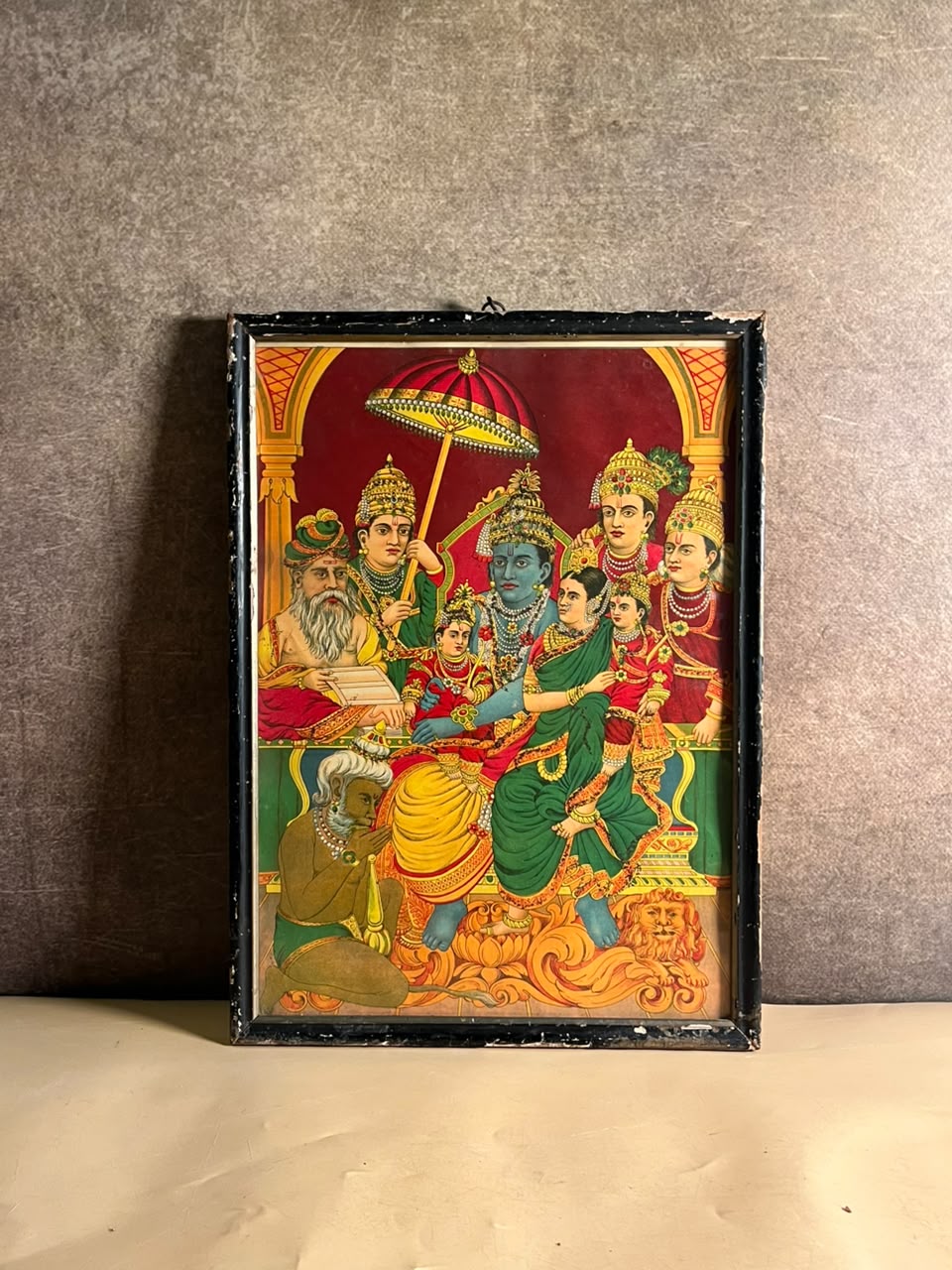 Antique German Chromolithograph of Ram Darbar – Rare Hindu Devotional Print