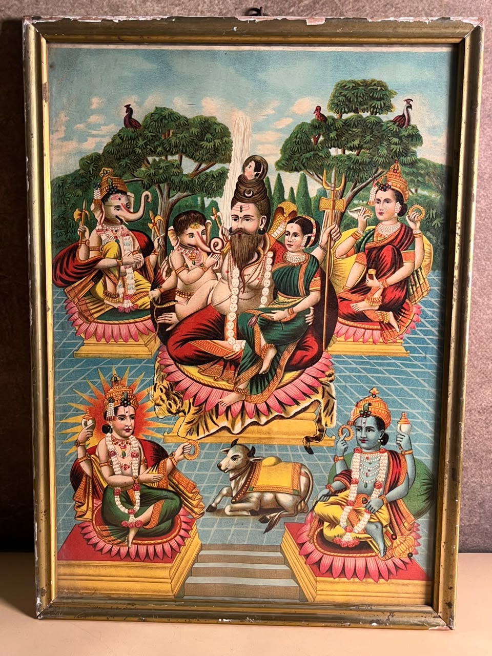 Antique Shiva Parivar Devotional Chromolithograph Print with Ganesha, Parvati, Vishnu, Surya & Nandi