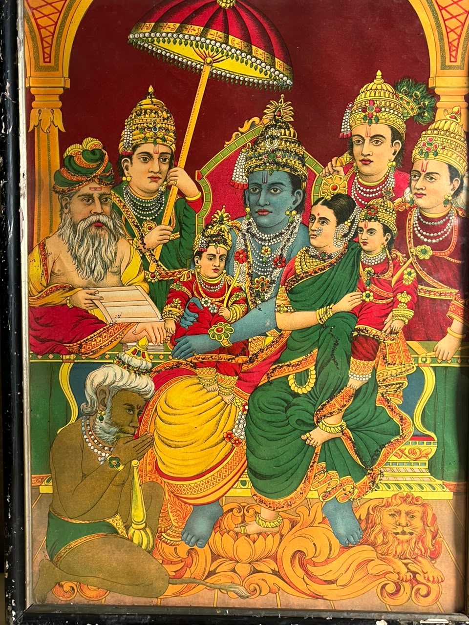 Antique German Chromolithograph of Ram Darbar – Rare Hindu Devotional Print