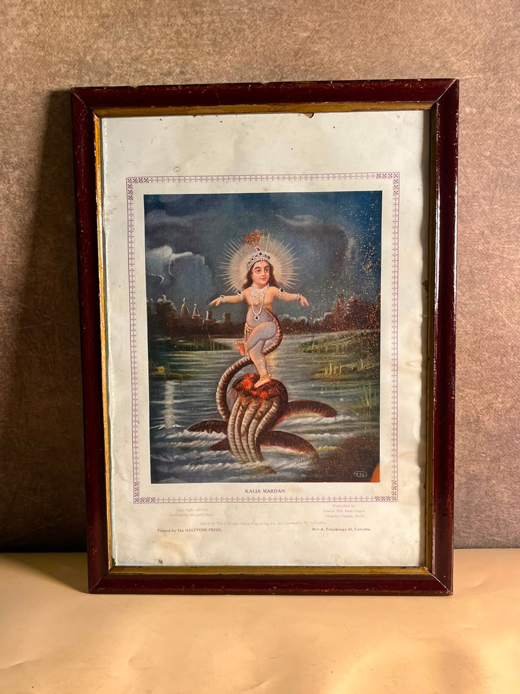 Vintage “Kalia Mardan” Lord Krishna Devotional Print – Jaidial Mal Ram Gopal, Delhi