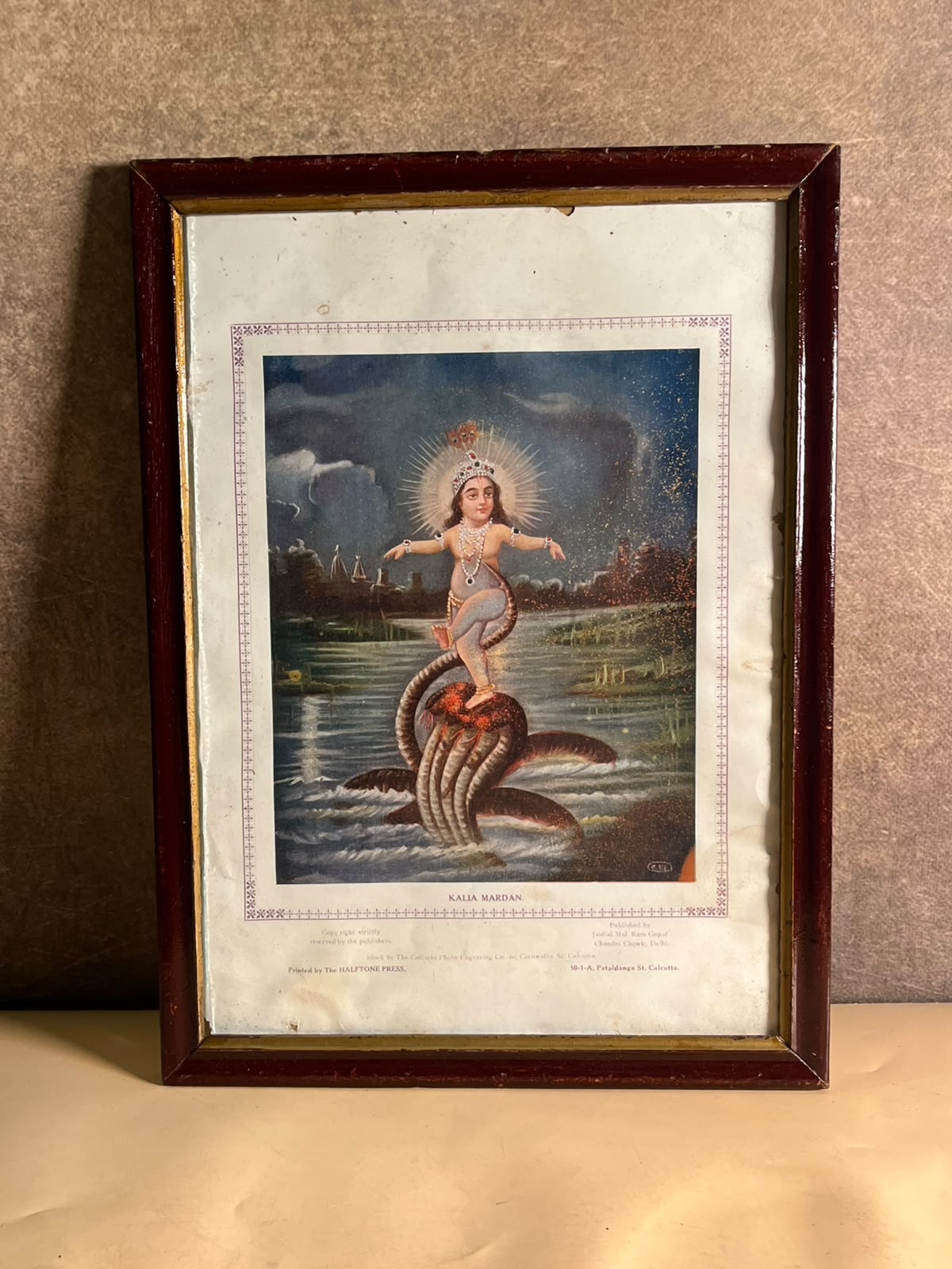 Vintage “Kalia Mardan” Lord Krishna Devotional Print – Jaidial Mal Ram Gopal, Delhi