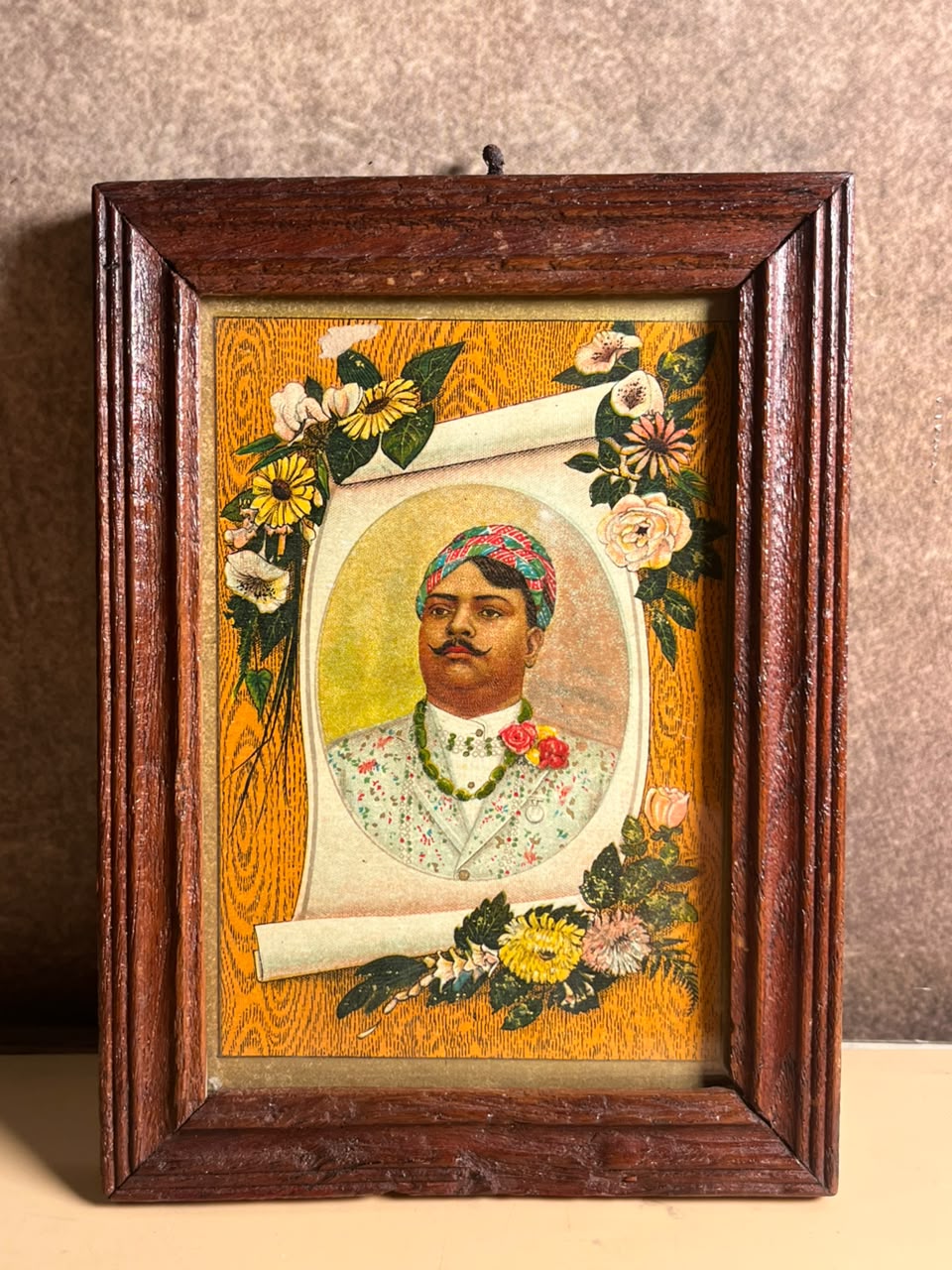 Vintage Indian Royal Portrait Label in Old Wooden Frame