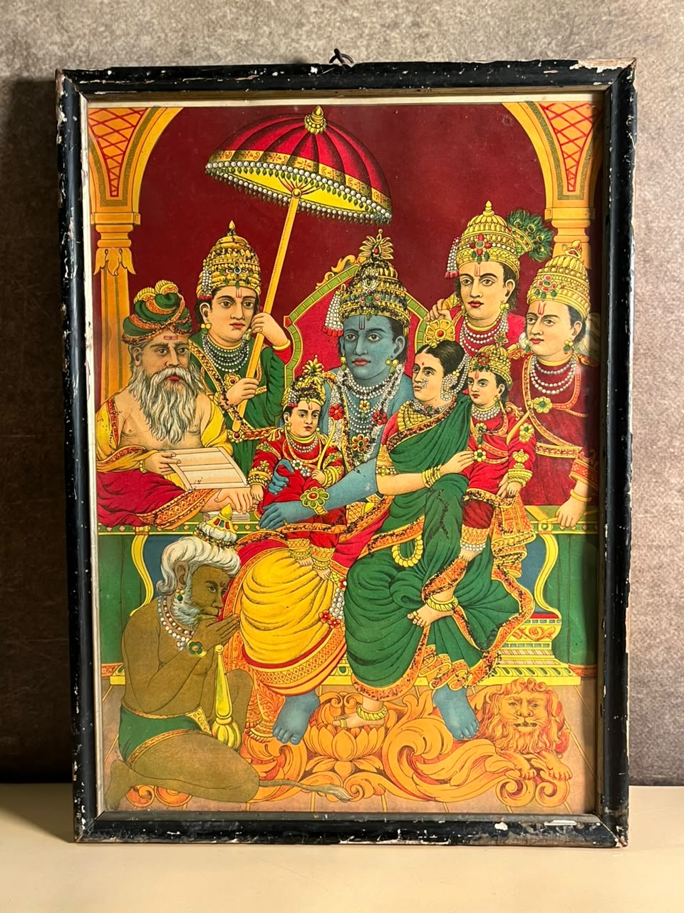 Antique German Chromolithograph of Ram Darbar – Rare Hindu Devotional Print