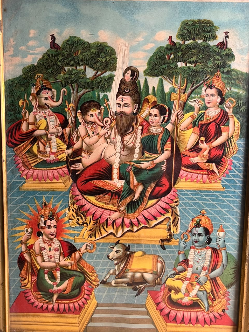 Antique Shiva Parivar Devotional Chromolithograph Print with Ganesha, Parvati, Vishnu, Surya & Nandi