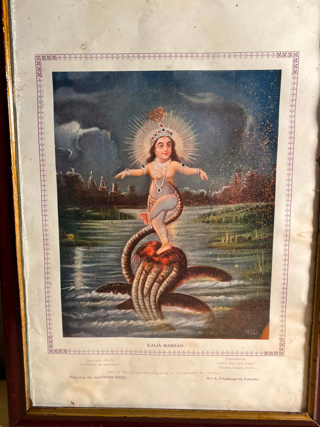 Vintage “Kalia Mardan” Lord Krishna Devotional Print – Jaidial Mal Ram Gopal, Delhi
