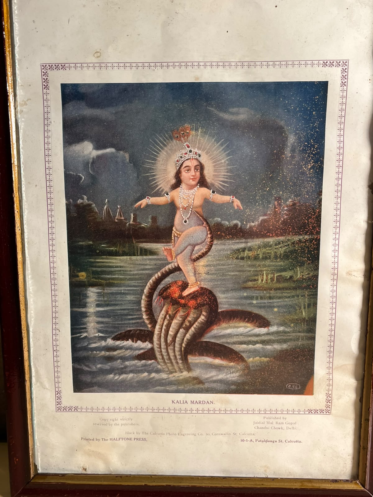Vintage “Kalia Mardan” Lord Krishna Devotional Print – Jaidial Mal Ram Gopal, Delhi