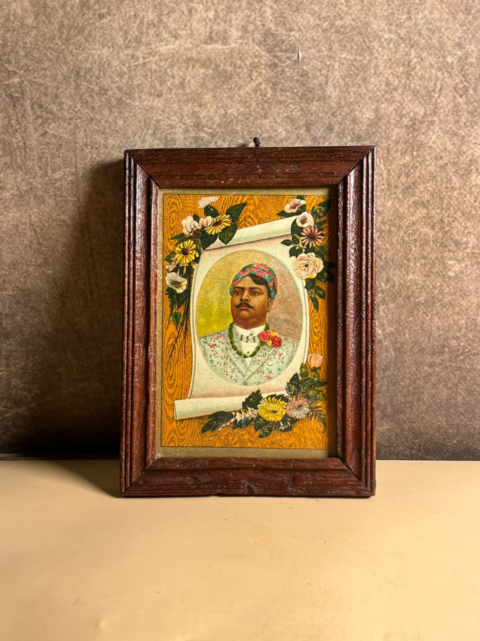 Vintage Indian Royal Portrait Label in Old Wooden Frame