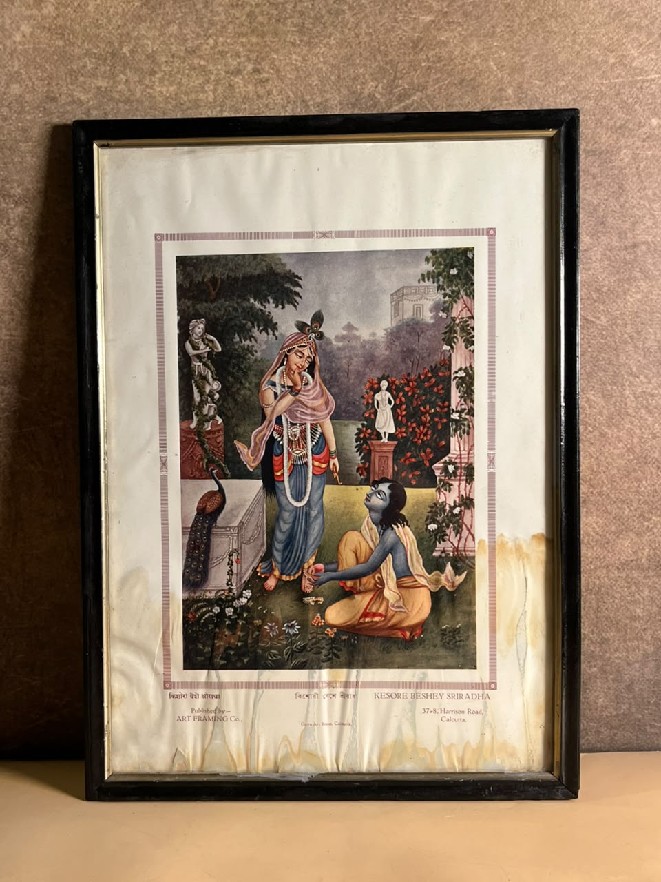 Vintage “Kesore Beshey Sriradha” Radha Krishna Devotional Print – Art Framing Co., Calcutta